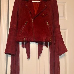 Nasty Gal Stardust Wine Fringe Suede Moto Jacket